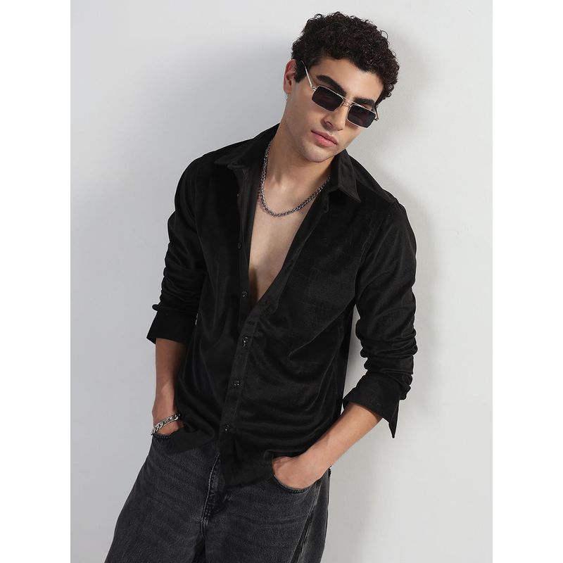 SHOWOFF Men Black Velvet Collar Neck Casual Shirt (5XL)
