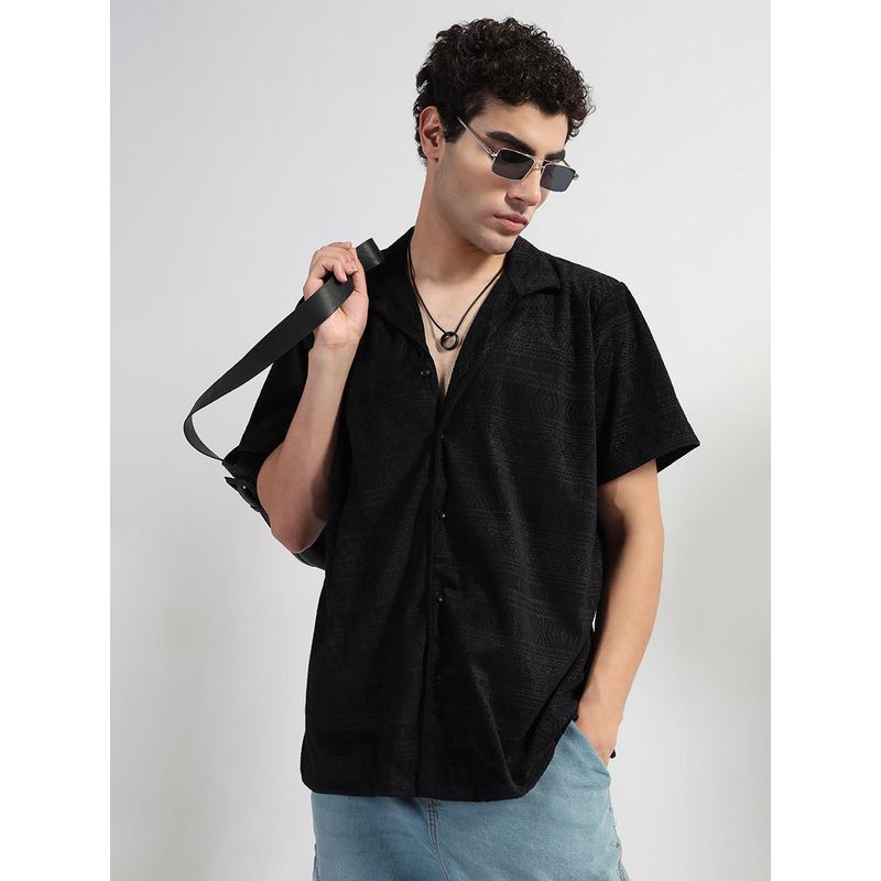 SHOWOFF Men Black Velvet Collar Neck Casual Shirt (2XL)