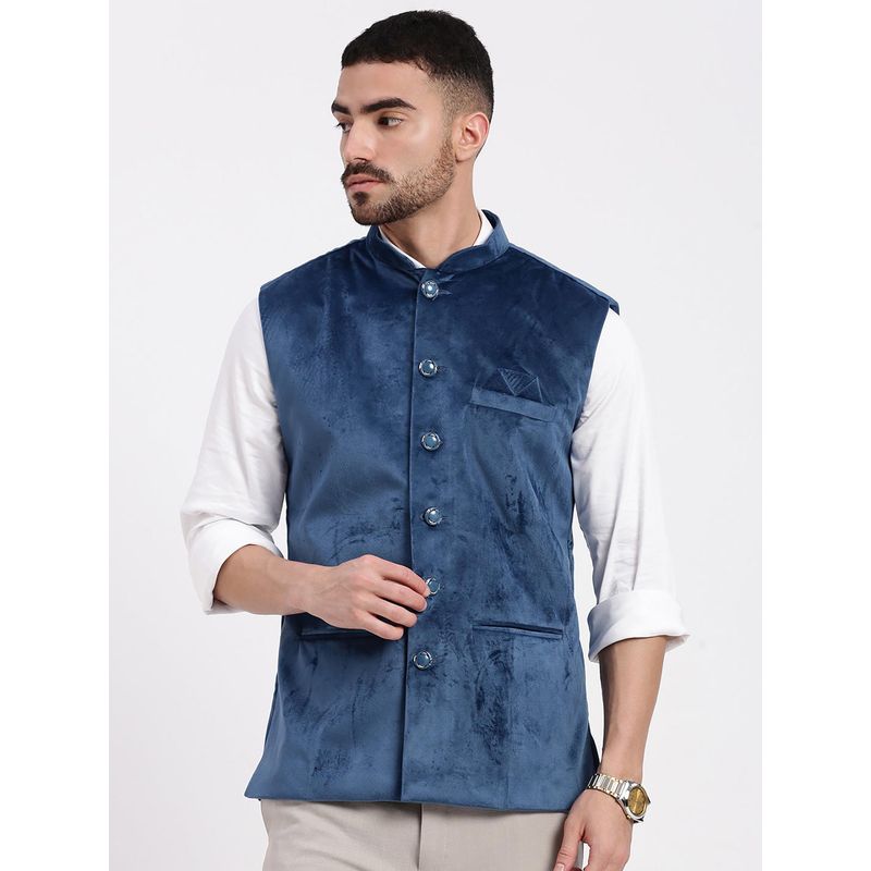 SHOWOFF Men'S Blue Slim Fit Velvet Nehru Jacket (L)