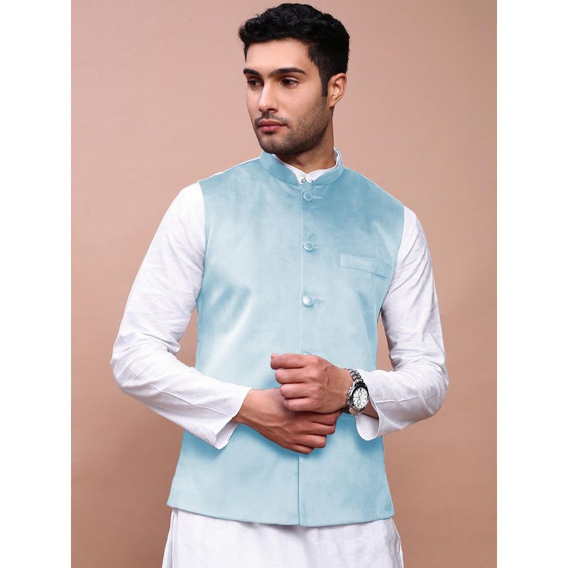 SHOWOFF Men'S Blue Slim Fit Velvet Nehru Jacket (S)
