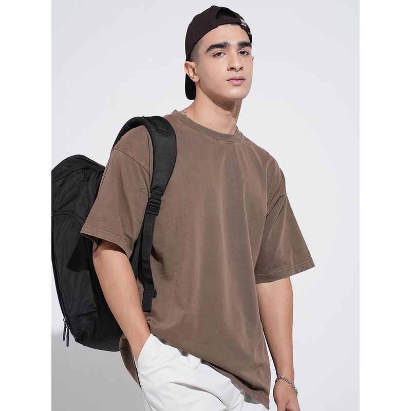 SHOWOFF Men Brown Short Sleeves Round Neck Oversized T-shirt (S)