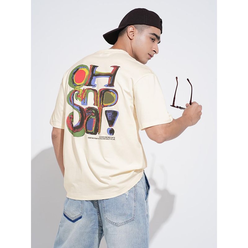 SHOWOFF Men Typography Cream Short Sleeves Round Neck Relaxed Fit T-shirt (S)