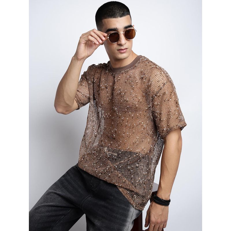 SHOWOFF Men Brown Short Sleeves Round Neck Relaxed Fit Mesh T-shirt (L)