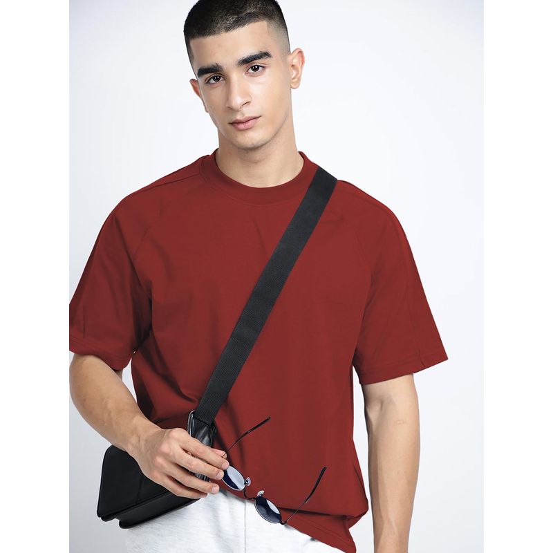 SHOWOFF Men Maroon Short Sleeves Round Neck Oversized T-shirt (S)