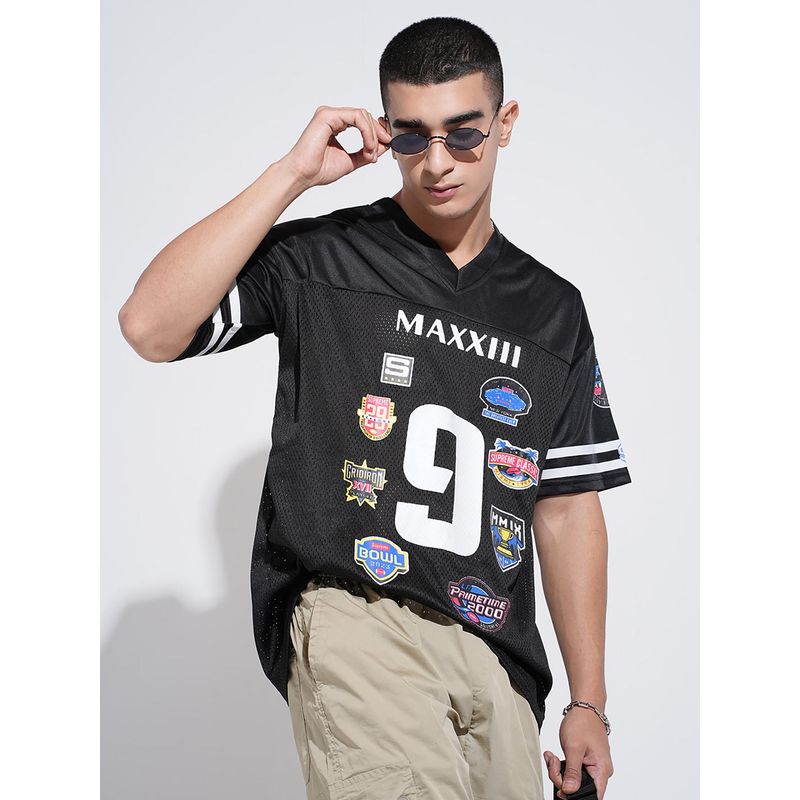 SHOWOFF Men Graphic Print Black Short Sleeves V-Neck Relaxed Fit T-shirt (M)