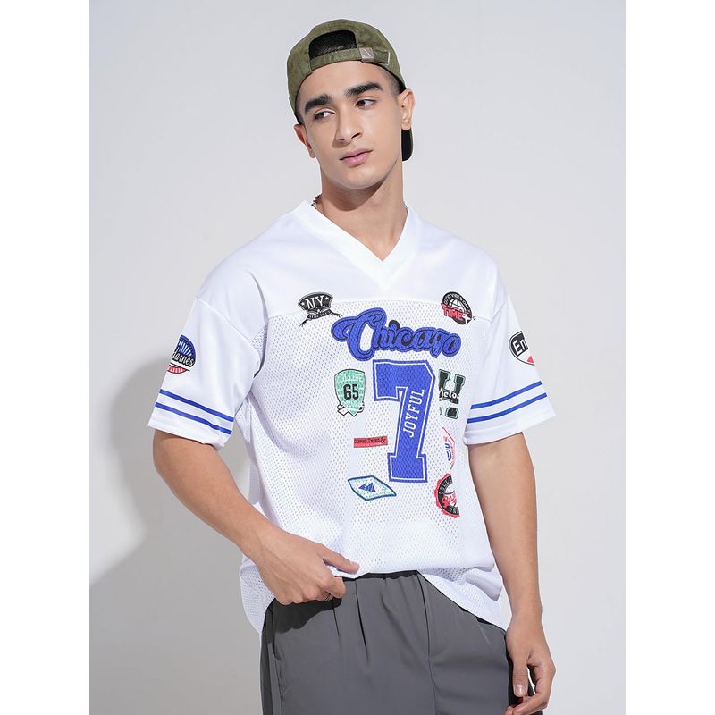 SHOWOFF Men Graphic Print White Short Sleeves V-Neck Relaxed Fit T-shirt (M)