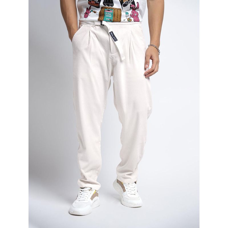 SHOWOFF Mens Corduroy Off White Regular Fit Trouser with Attached Belt (28)