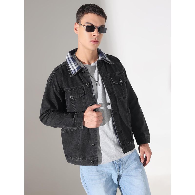 SHOWOFF Men Edition Solid Black Denim Jacket (M)
