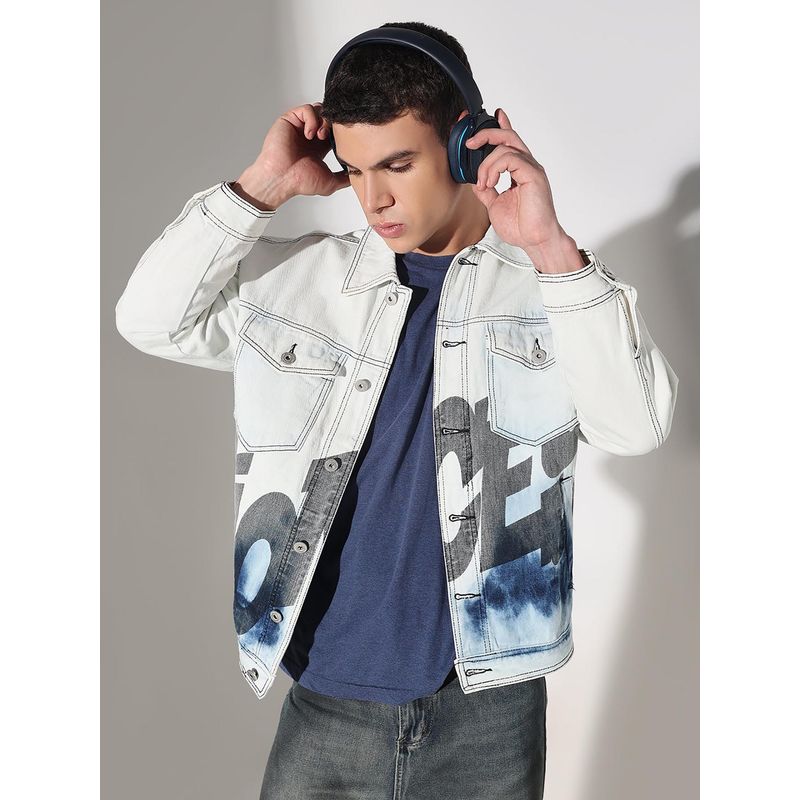SHOWOFF Men Edition Typography Blue Denim Jacket (L)