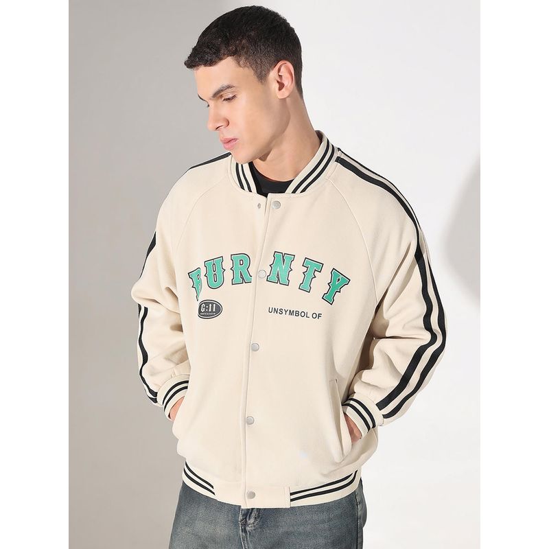 SHOWOFF Men Edition Typography Cream Full Sleeves Varsity Jacket (2XL)