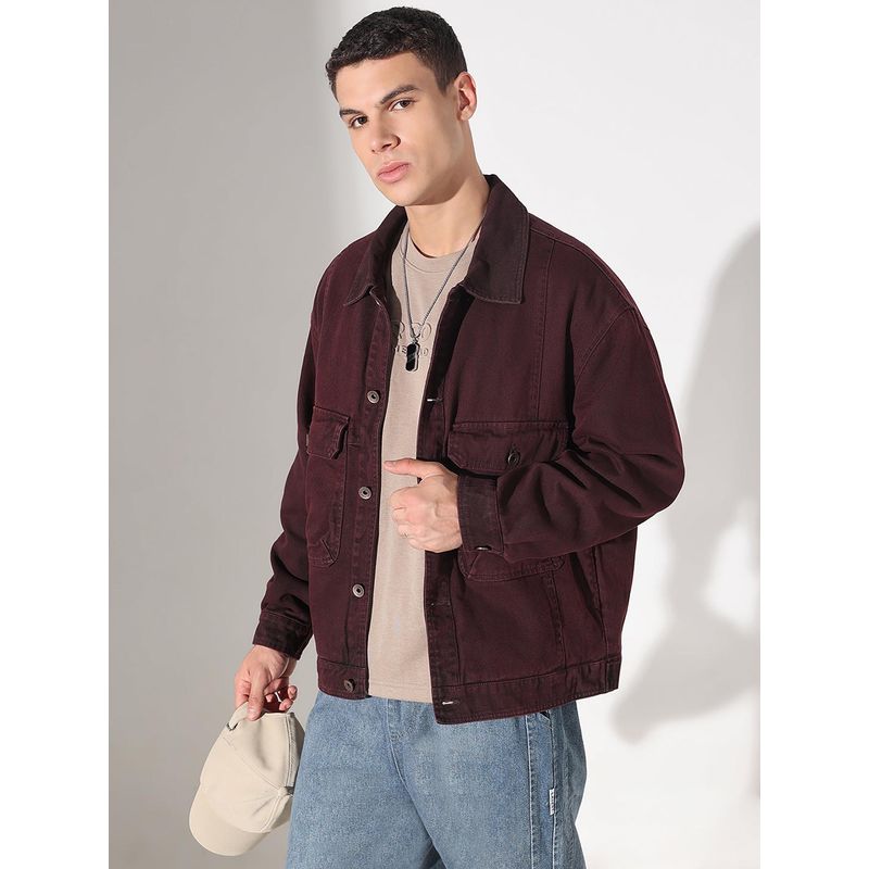 SHOWOFF Men Edition Solid Burgundy Denim Jacket (L)
