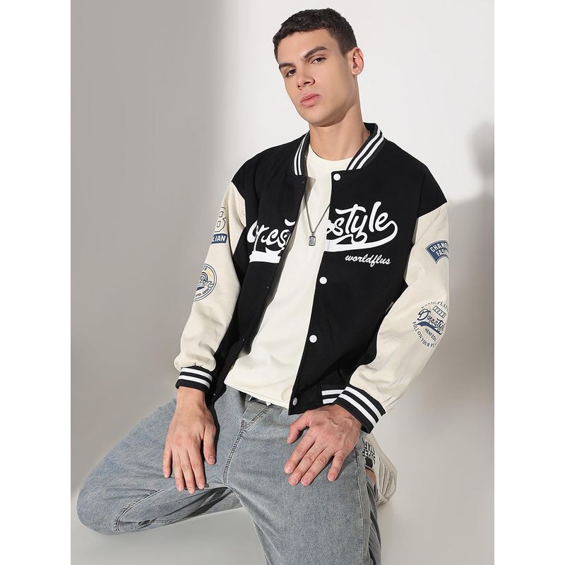 SHOWOFF Men Edition Typography Black Full Sleeves Varsity Jacket (2XL)