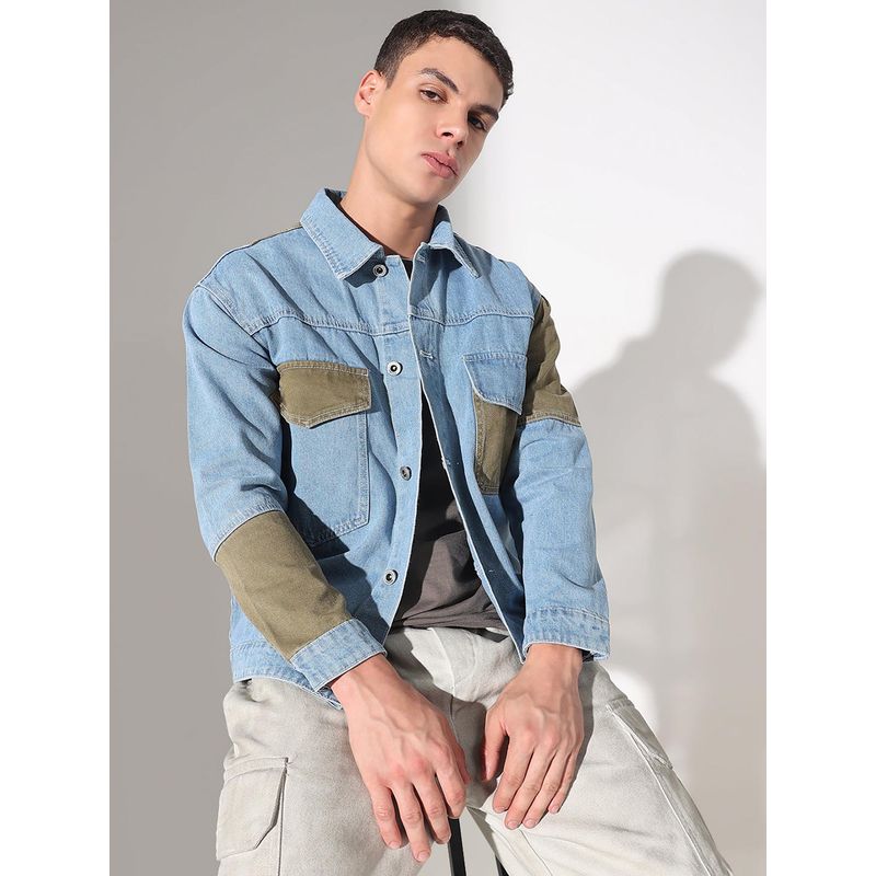 SHOWOFF Men Edition Solid Blue Denim Oversized Denim Jacket (M)