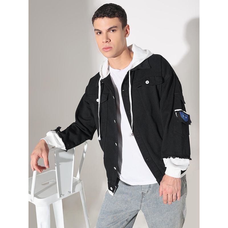 SHOWOFF Men Edition Black Hooded Oversized Denim Jacket (M)