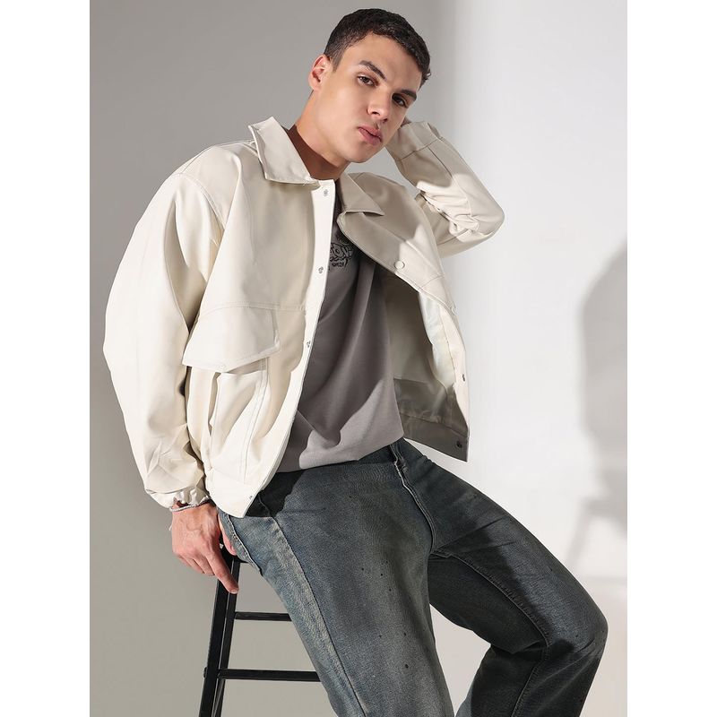 SHOWOFF Men Edition Off White Solid Faux Leather Faux Leather Jacket (3XL)