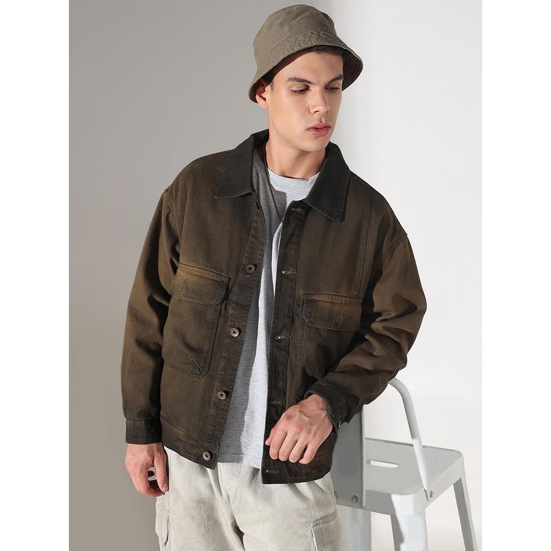 SHOWOFF Men Edition Solid Olive Denim Jacket (M)
