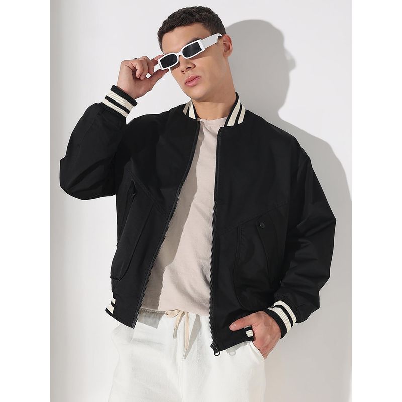 SHOWOFF Men Edition Solid Black Varsity Jacket (L)
