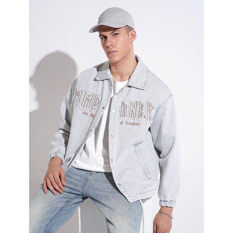 SHOWOFF Men Edition Typography Light Grey Denim Jacket (M)