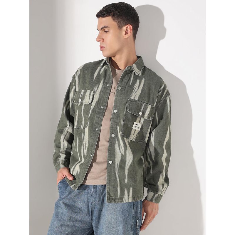 SHOWOFF Men Edition Abstract Green Denim Shacket (M)