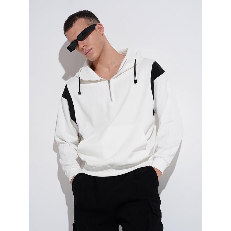 SHOWOFF Colourblocked White Hooded Ribbed Regular Fit Hoodies With Zip (XL)