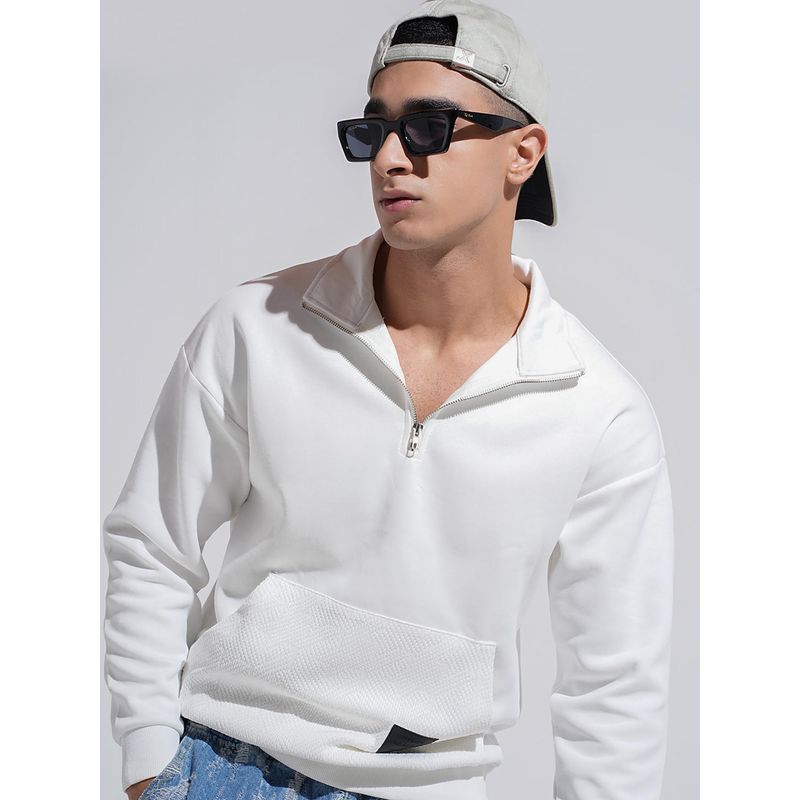 SHOWOFF Men White High Neck Ribbed Slim Fit Sweatshirt With Half Zipper (L)