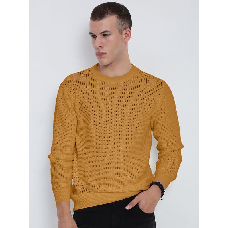 SHOWOFF Men Mustard Ribbed Round Neck Sweater (M)