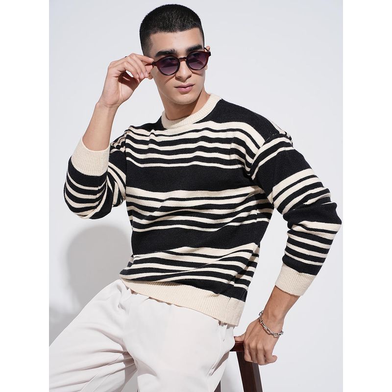 SHOWOFF Men Striped Black Ribbed Round Neck Sweater (S)