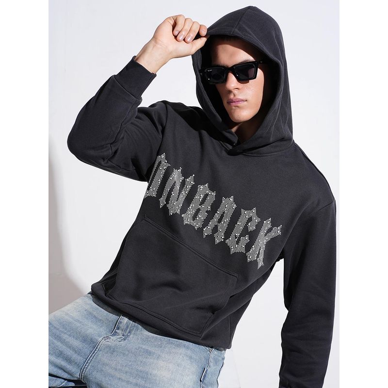 SHOWOFF Men Typography Charcoal Hooded Ribbed Regular Fit Hoodies (L)
