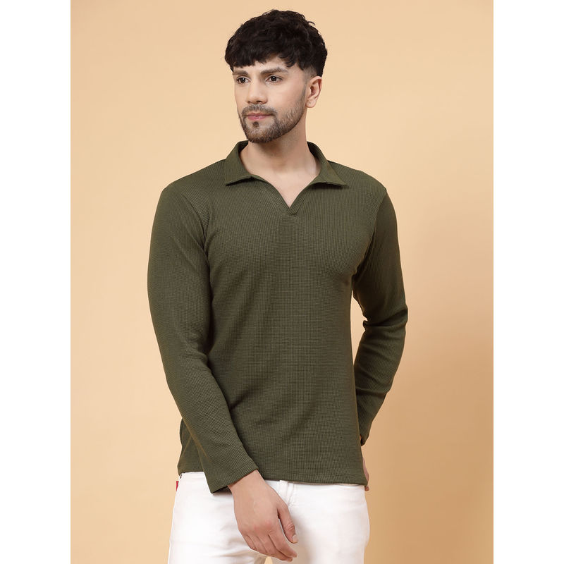 RIGO Men Olive Waffle Knit Solid Polo T-Shirt (L)