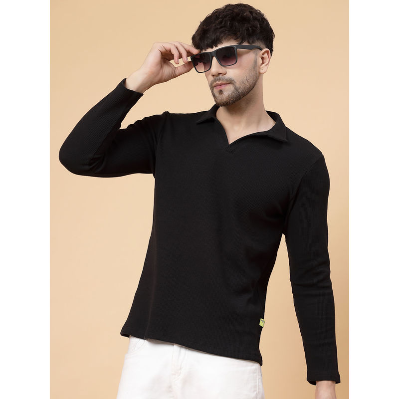 RIGO Men Black Waffle Knit Solid Polo T-Shirt (M)