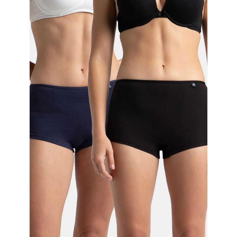 Jockey SS04 Women Cotton Elastane Boy Leg - Black and Classic Navy (Pack of 2) (L)