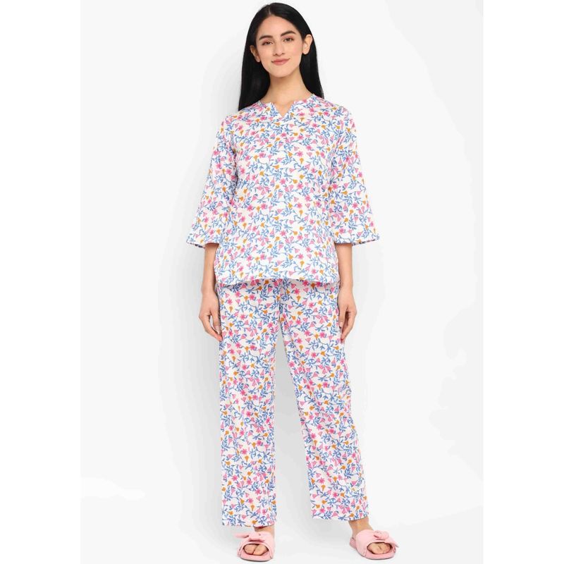 Shopbloom Blue Paisley Print Cotton Long Sleeve Womens Night Suit (Set of 2) (XL)