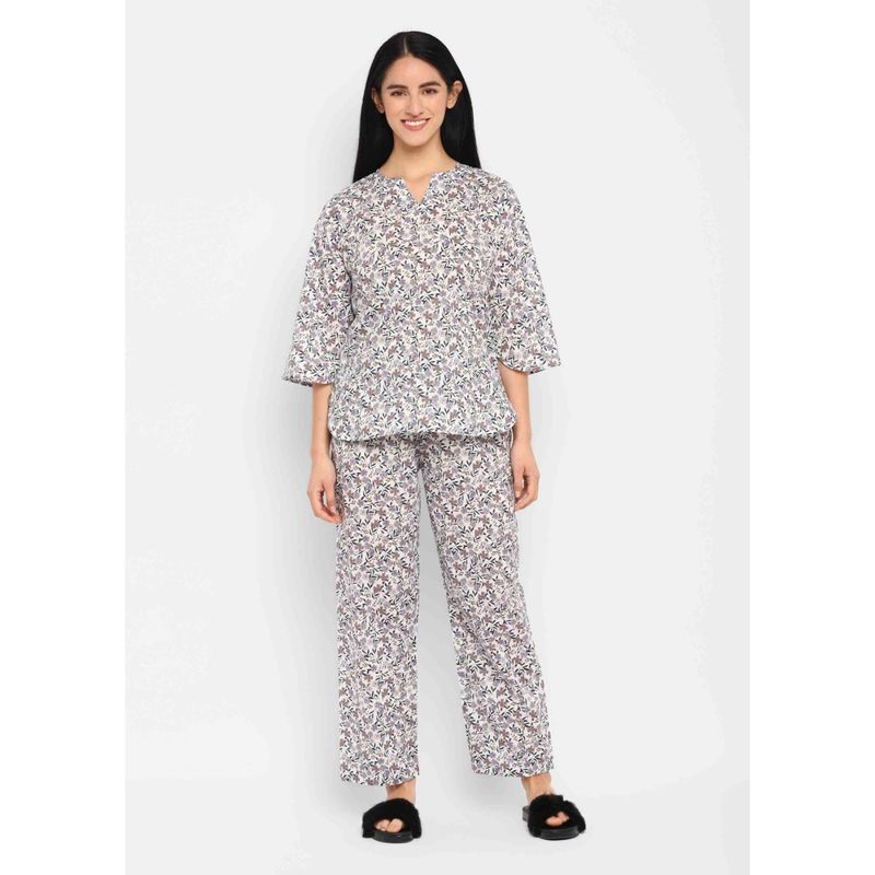 Shopbloom Grey Ditsy Flower Print Cotton Long Sleeve Womens Night Suit (Set of 2) (M)