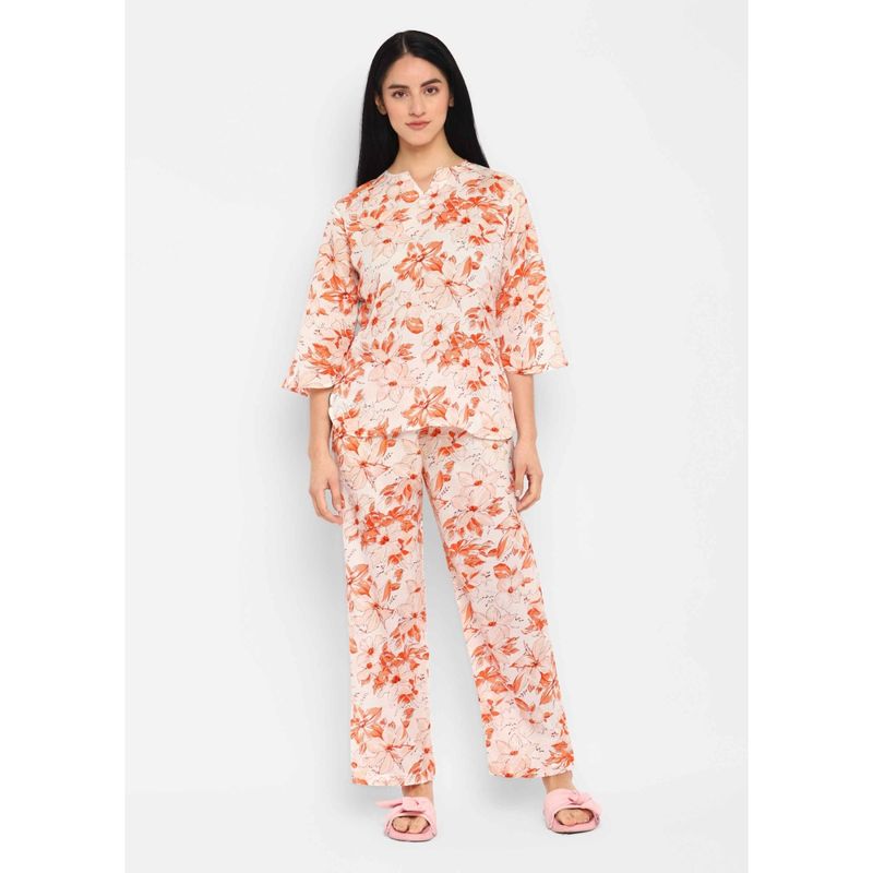 Shopbloom Multi Flower Orange Print Cotton Long Sleeve Womens Night Suit (Set of 2) (XS)