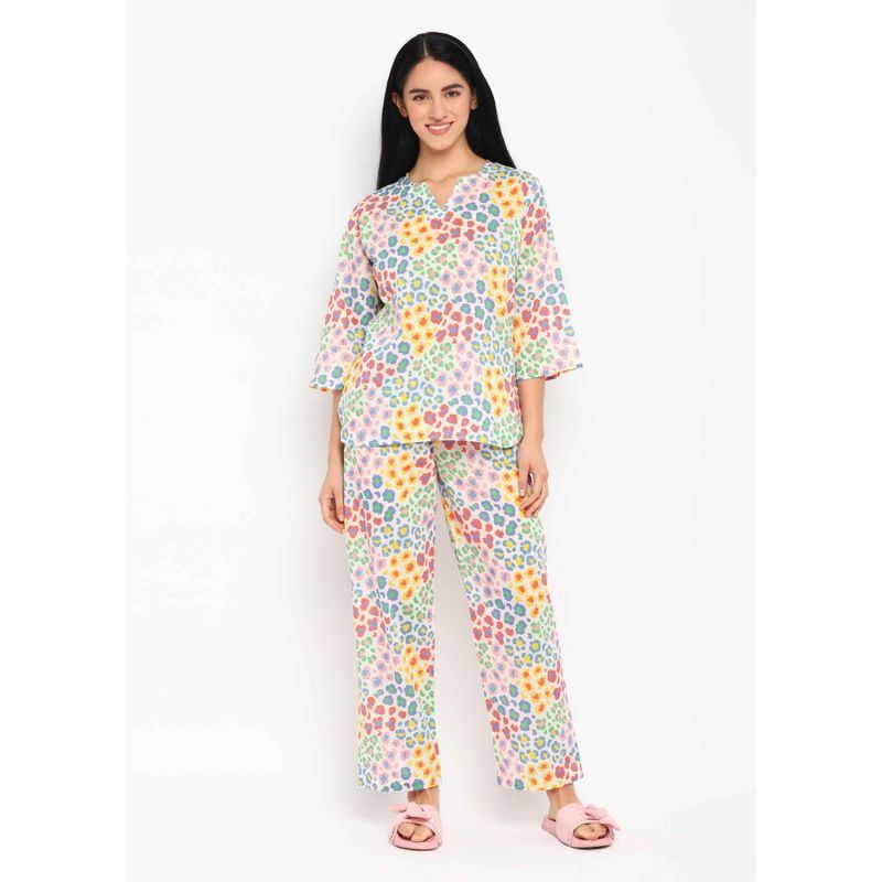 Shopbloom Colourful Flower Print Cotton Long Sleeve Womens Night Suit (Set of 2) (L)