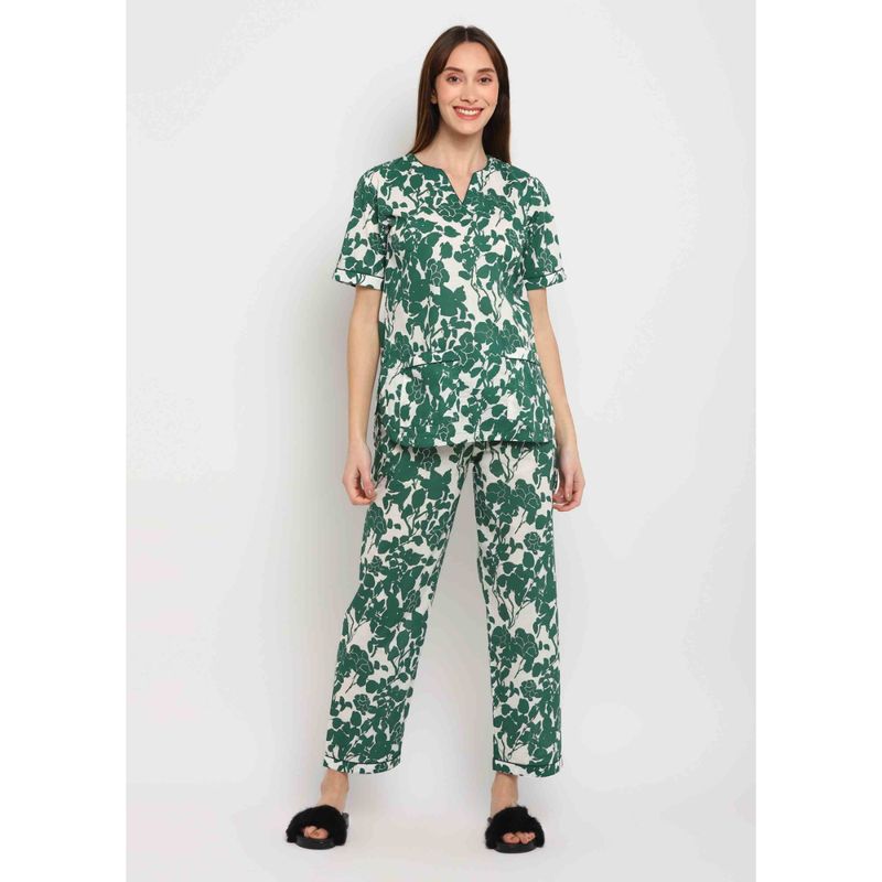 Shopbloom Green Leaf Print Short Sleeve Womens Night Suit (Set of 2) (3XL)