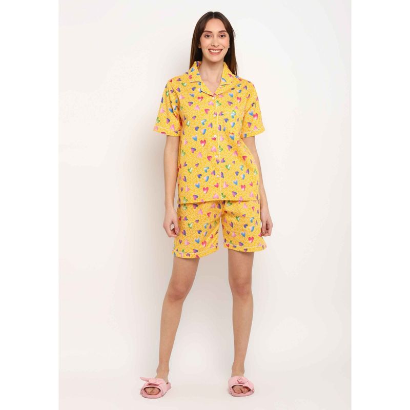 Shopbloom Yellow Heart Print Short Sleeve Womens Shorts (Set of 2) (XS)