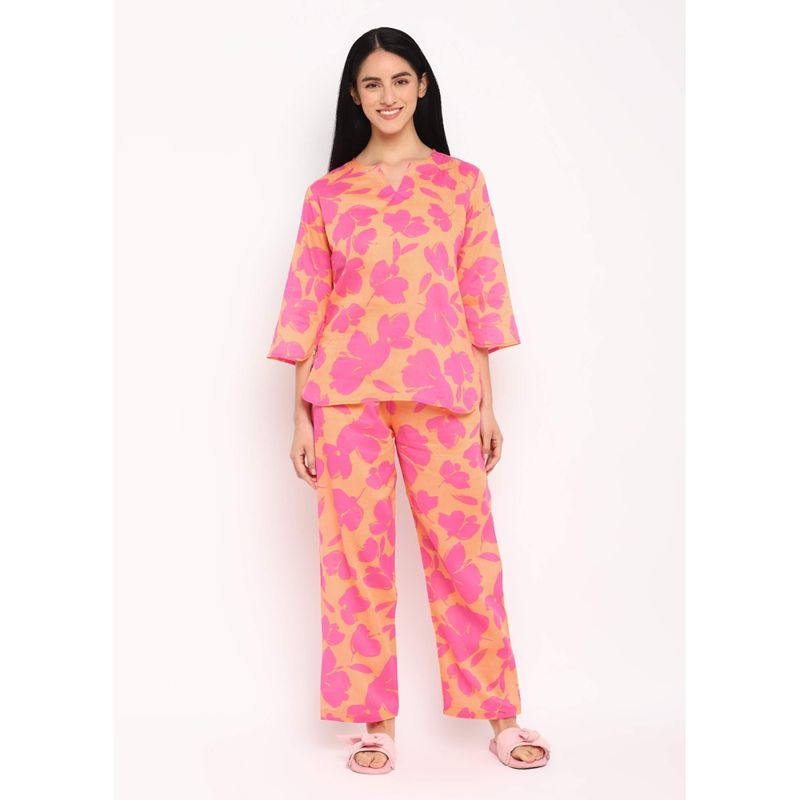 Shopbloom Little Pink Flower Print Cotton Long Sleeve Womens Night Suit (Set of 2) (M)