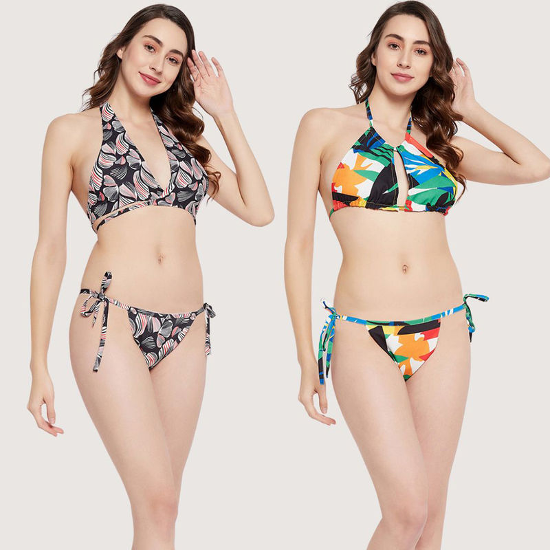 Secrets By ZeroKaata Women Printed Halter Beachwear Bikini - Multi-Color (Set of 2) (XS)