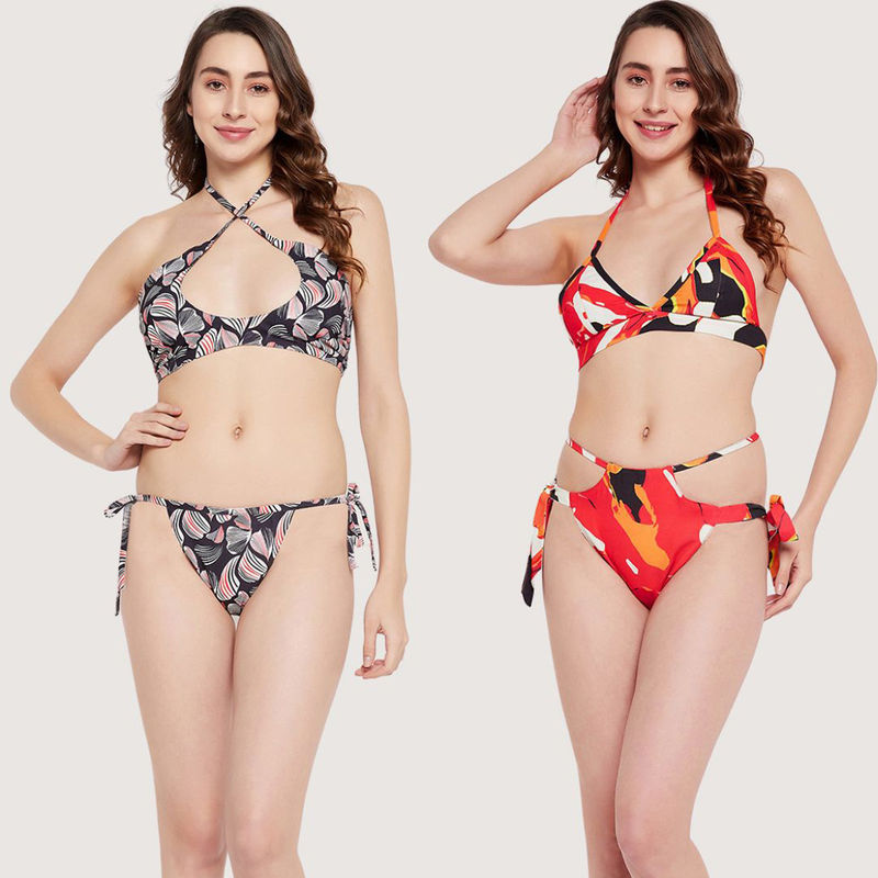 Secrets By ZeroKaata Women Printed Halter Beachwear Bikini - Multi-Color (Set of 2) (XS)