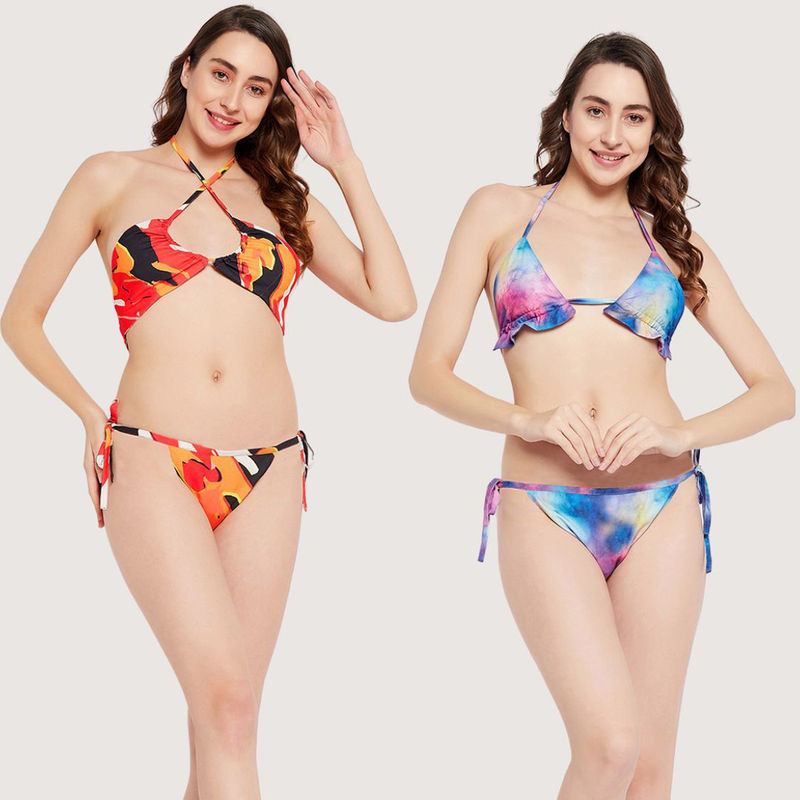 Secrets By ZeroKaata Women Printed Halter Beachwear Bikini - Multi-Color (Set of 2) (XS)