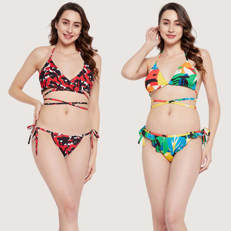 Secrets By ZeroKaata Women Printed Halter Beachwear Bikini - Multi-Color (Set of 2) (XS)