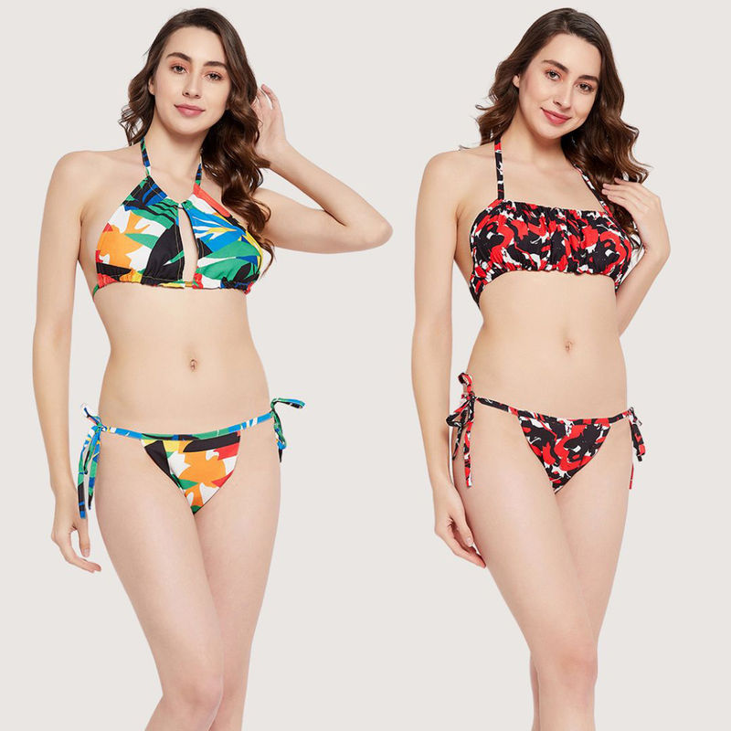 Secrets By ZeroKaata Women Printed Halter Beachwear Bikini - Multi-Color (Set of 2) (XS)