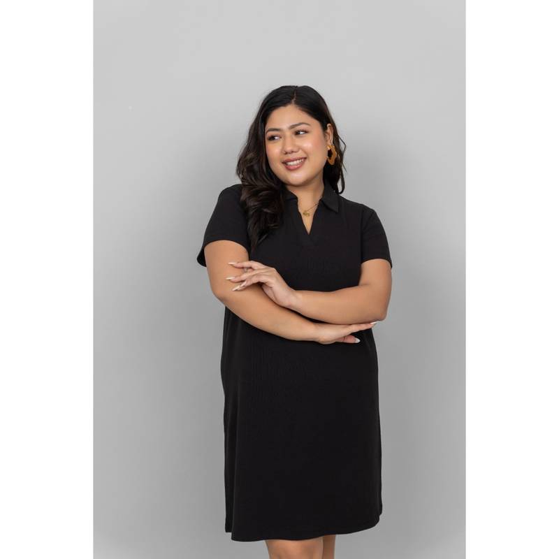 NeceSera Black Mini Waffle Polo Dress (S)