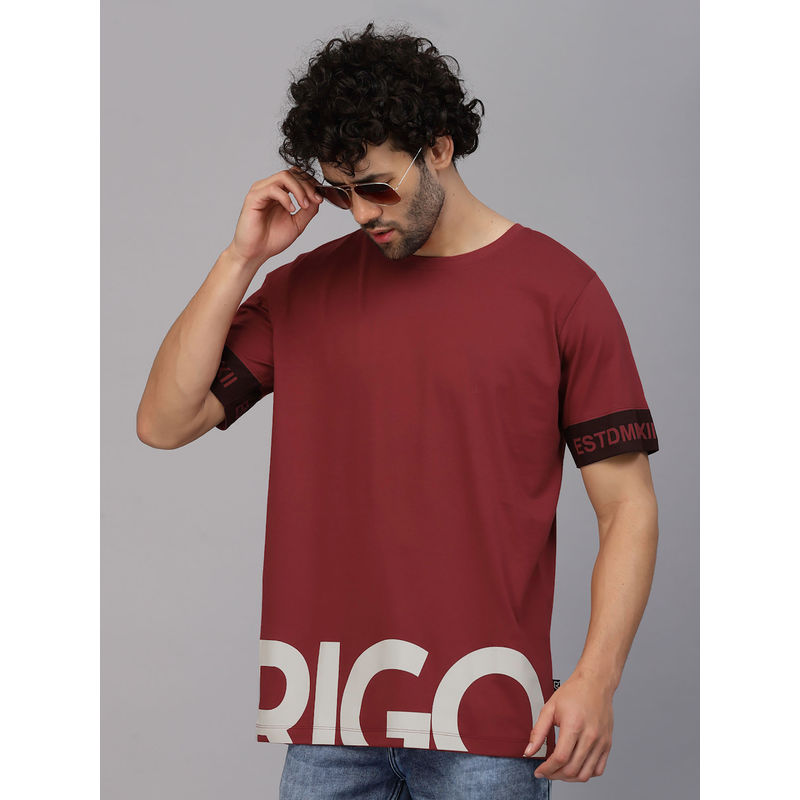RIGO Men Maroon Oversized Printed Jersey T-Shirt (S)