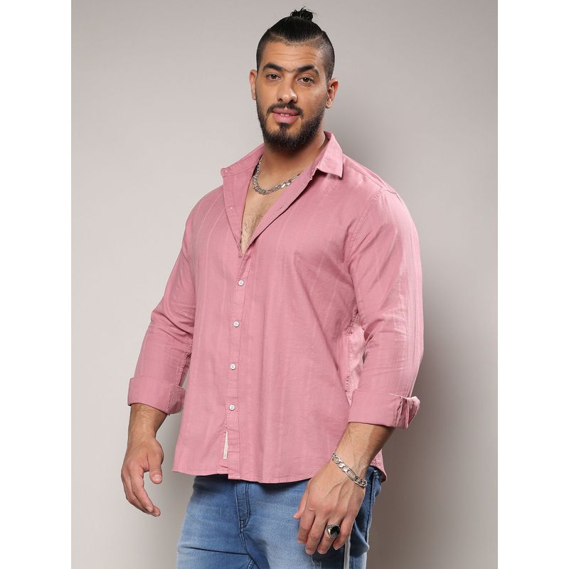 Instafab Plus Mens Flamingo Pink Self-Design Striped Shirt (4XL)