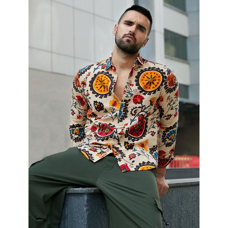 CAHOOT Mens Multi-Color Ethnic Floral Shirt (L)