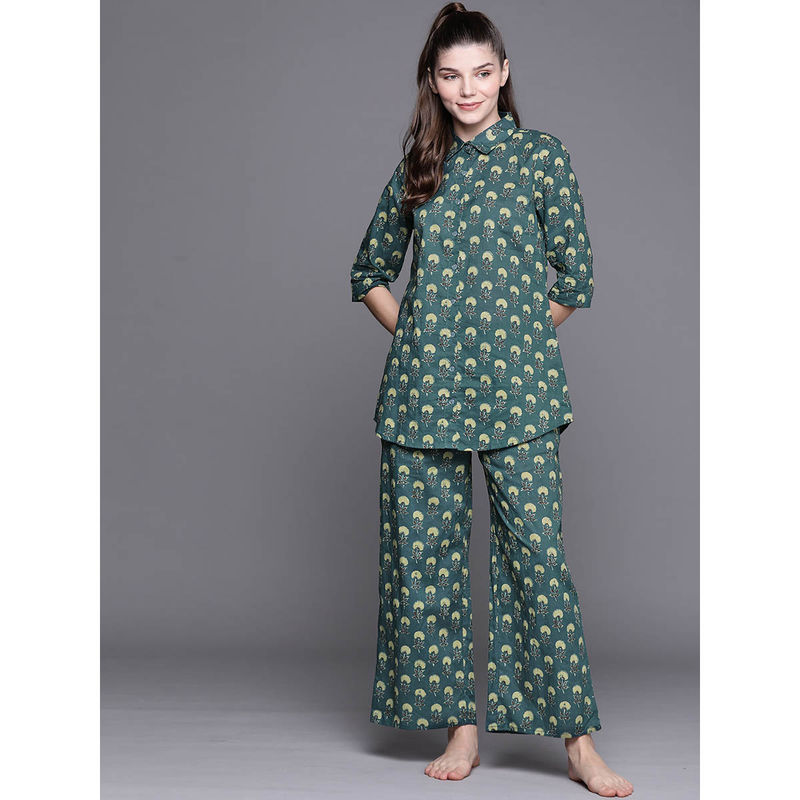 Libas Blue Cotton Printed Night Shirt And Blue Cotton Printed Pyjamas With Both Side Pocket (XL)