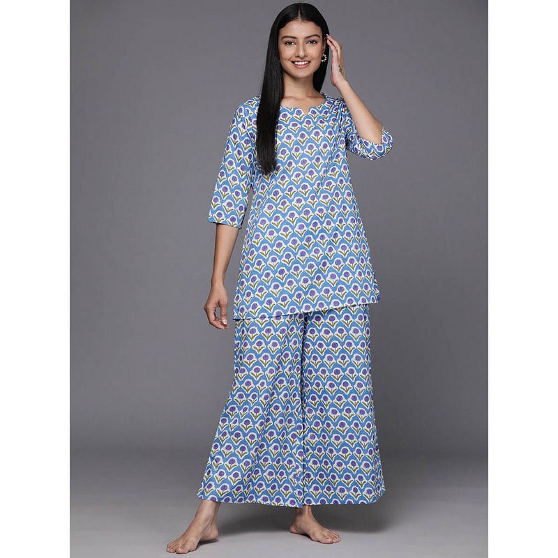 Libas Blue cotton floral printed with round notch neck design night suit set (M)