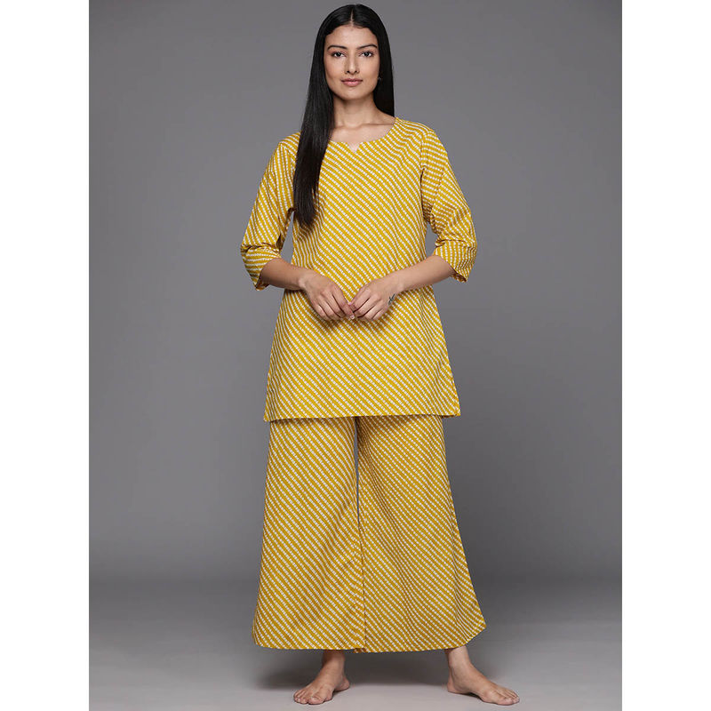 Libas Mustard cotton bandhani printed with round notch neck design night suit set (L)
